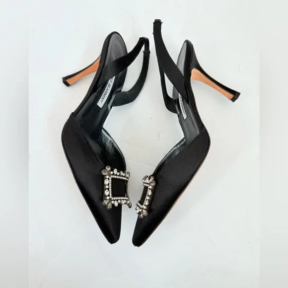 Manolo Blahnik Black Satin Leather Crystal embellishedslingback pumps EU 38.5